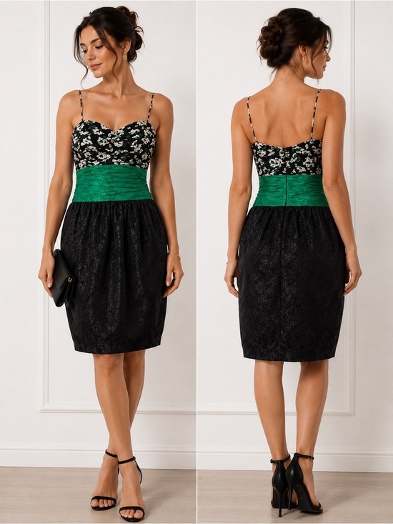 Teri Jon By Rickie Freeman Dresses & Skirts - Vintage Terri John Rickie Freeman Silk Black Green Floral Cocktail Dress SZ 10